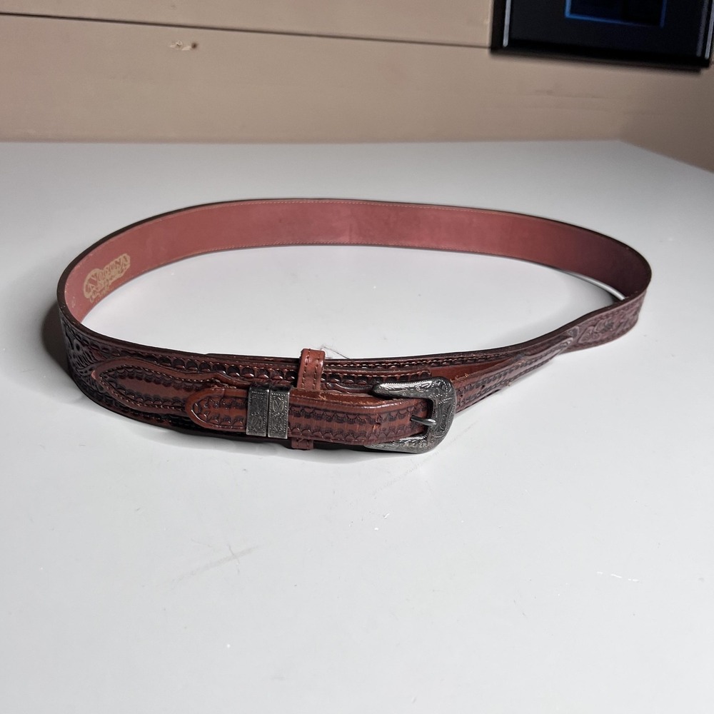 Nocona Leather Belt Mens 40 Brown Western Floral Tooled Silver‎ Buckle Cowboy